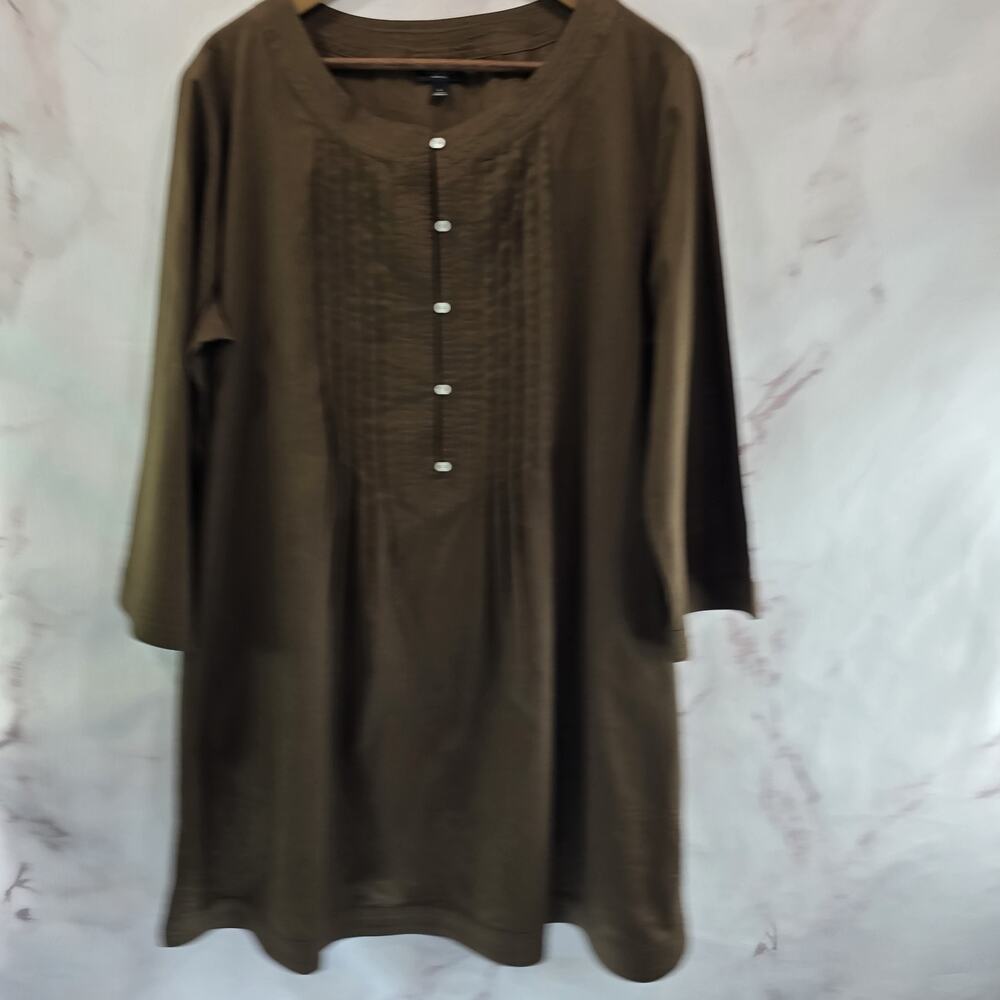 Talbots Dress Women Large Brown Long Sleeve Tunic Shirt Button Pleated Chocolate